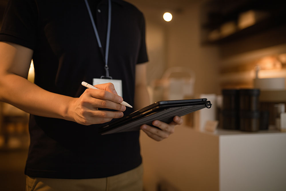 タブレットに記録を取るスタッフ