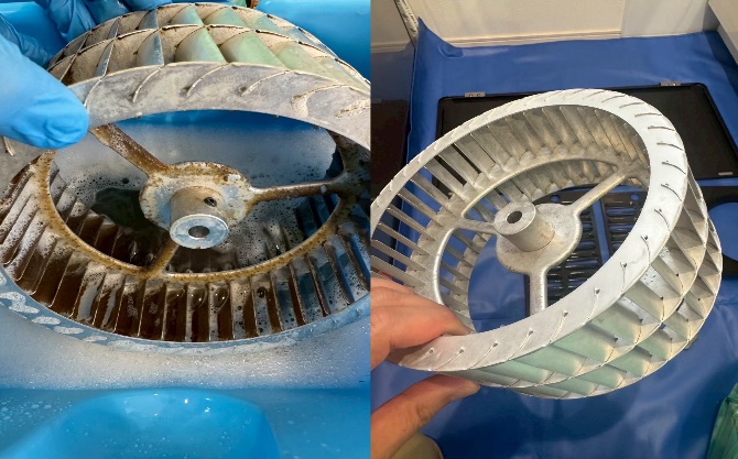 油汚れが付着した換気扇ファンと、清掃後にピカピカになったファンの比較写真