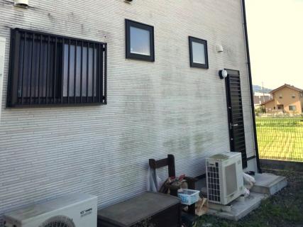 黒ずみや苔が付着した住宅の外壁の写真